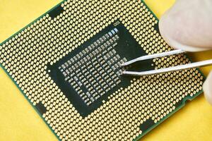 Macro-shot of computer microchip processor photo