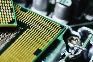 Macro-shot of computer microchip processor photo
