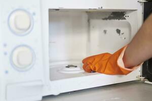 Cleaning microwave in the kitchen photo