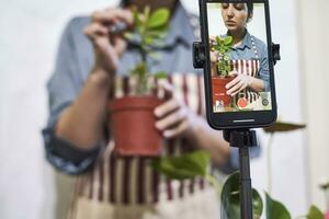 Multiracial florist blogger live streaming online photo