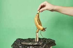 Woman thorwing banana peels in trash can photo