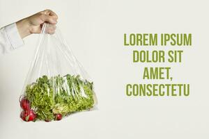 Woman holds a plastic bag with fresh vegetables photo
