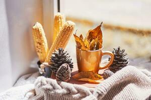 Corns, autumn leaves and coffee cup on windowsill photo