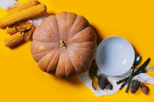 Autumnal background with harvest fall vegetables and autumnal leaves photo