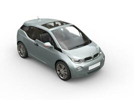 Metallic silver small electric car - top view photo