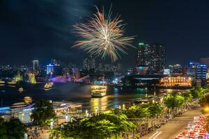 Ho Chi Minh, Viet Nam - 6 August 2023 Fireworks show on a boat in Ho Chi Minh City, Vietnam photo