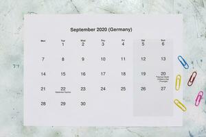 Monatskalender September 2020. Translation Monthly September 2020 calendar photo