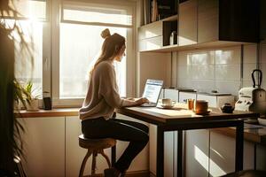 Woman working on laptop at kitchen table. Generative Ai photo