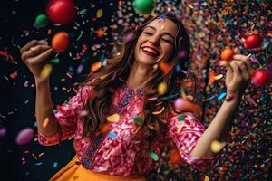 niña celebrando a un fiesta con globos y papel picado. generativo ai foto