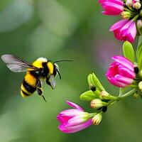 A bumblebee collects nectar on bright flowers. The image was created using generative AI. photo