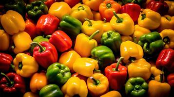 Realistic photo of a bunch of bell peppers. top view vegetables scenery.