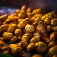 Realistic photo of a bunch of turmeric. top view vegetables scenery.