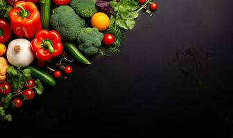 Top view vegetables on black background. Vegetarian organic food banner. Created by AI tools photo