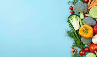 Top view vegetables on blue background. Vegetarian organic food banner. Created by AI tools photo