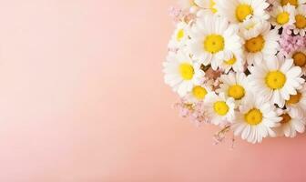 un manzanilla ramo de flores en un pastel rosado antecedentes. de la madre día concepto. creado por generativo ai foto
