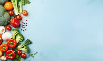 Top view vegetables on blue background. Vegetarian organic food banner. Created by AI tools photo