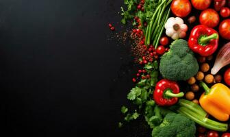 Top view vegetables on black background. Vegetarian organic food banner. Created by AI tools photo