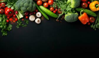 Top view vegetables on black background. Vegetarian organic food banner. Created by AI tools photo