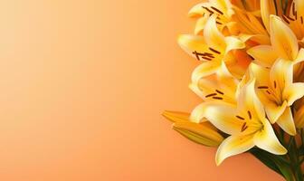 A lily bouquet on a bright yellow background. Empty copyspace. Created by AI tools photo