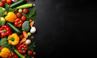 Top view vegetables on black background. Vegetarian organic food banner. Created by AI tools photo