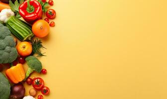 Fresh vegetables on yellow background. Top view. Copy space. Created by AI tools photo