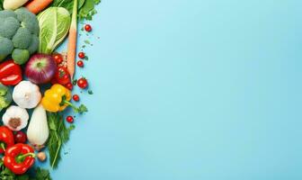 Top view vegetables on blue background. Vegetarian organic food banner. Created by AI tools photo