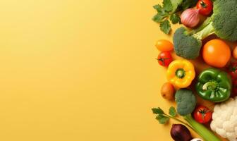 Fresh vegetables on yellow background. Top view. Copy space. Created by AI tools photo