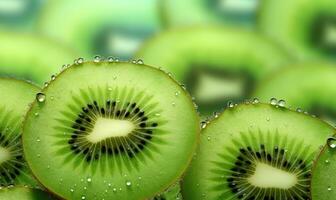 de cerca de jugoso kiwi rebanadas adornado con agua gotas. creado por ai foto