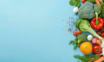 Top view vegetables on blue background. Vegetarian organic food banner. Created by AI tools photo