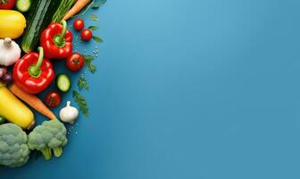 Top view vegetables on deep blue background. Vegetarian organic food banner. Created by AI tools photo