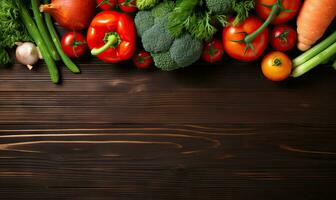 Vegetables on old wood table background. Top view. Vegetarian organic food banner. Created by AI tools photo