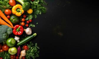 Top view vegetables on black background. Vegetarian organic food banner. Created by AI tools photo