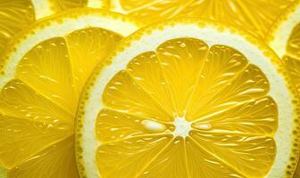 Macro shot of sliced lemons with glistening water droplets.Created by AI photo