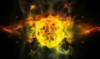 radioactivo un intenso amarillo bola de fuego irradia en contra un rígido negro fondo. creado por ai foto