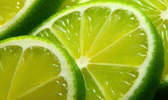 Close-up of fresh lime slices with cascading water droplets, highlighting vibrant green hues. Created by AI photo