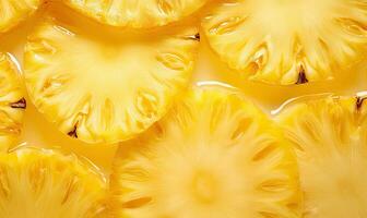 Macro shot of juicy pineapple slice, glistening with droplets. Created by AI photo