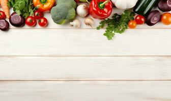 Top view vegetables on light wood background. Copy space. Vegetarian organic food banner. Created by AI tools photo