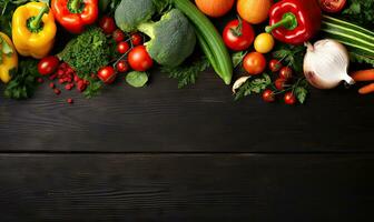 Vegetables on black wood background. Vegetarian organic food banner. Cooking ingredient. Created by AI tools photo