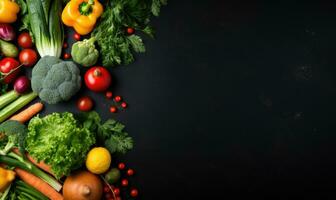 Top view vegetables on black background. Vegetarian organic food banner. Created by AI tools photo