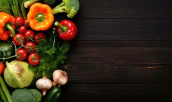 Vegetables on black wood background. Vegetarian organic food banner. Cooking ingredient. Created by AI tools photo