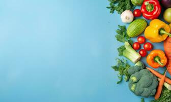 Top view vegetables on blue background. Vegetarian organic food banner. Created by AI tools photo