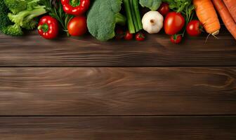 Vegetables on old wood table background. Top view. Vegetarian organic food banner. Created by AI tools photo