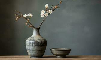 de cerca de un rústico japonés arcilla florero en wabi-sabi estilo. creado por ai foto
