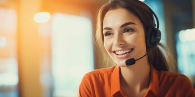 Cheerful woman customer support representative ready to assist. call center professional in headset. Created by AI tools photo