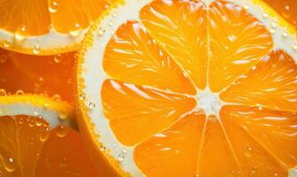 Macro capture of a juicy orange slice with shimmering water droplets. Created by AI photo