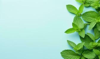 Fresh meadow mint leaves twig on a pastel blue background. Created by AI photo