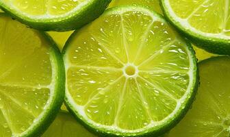 Close-up of fresh lime slices with cascading water droplets, highlighting vibrant green hues. Created by AI photo