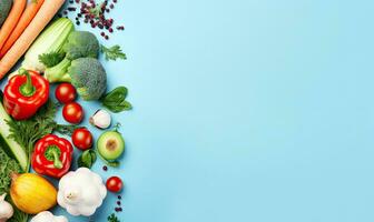 Top view vegetables on blue background. Vegetarian organic food banner. Created by AI tools photo