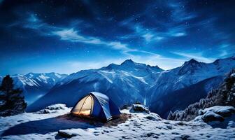 Illuminated tent in snowy mountains under a starry sky. A tranquil alpine camping moment capturing nature's vast splendor. Created by AI tools photo