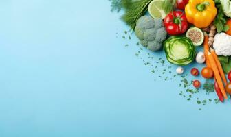 Top view vegetables on blue background. Vegetarian organic food banner. Created by AI tools photo